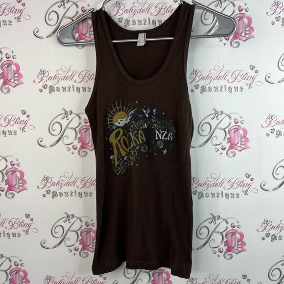 American apparel Rockaganza tank top brown graphic front stars pattern ribbed - Picture 1 of 10